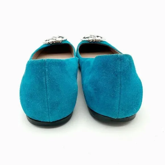 GUCCI Interlocking Crystal GG Ballet Flat Size 37 US 7 Teal Blue Suede - Picture 7 of 13